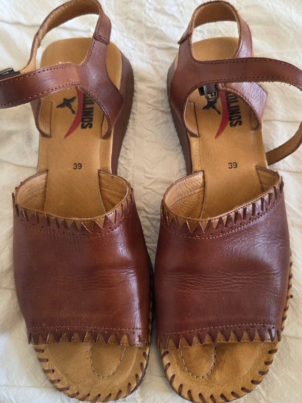 Pikolinos brown leather sandals stitched edge 1.5 inch wedge ankle strap sz 39